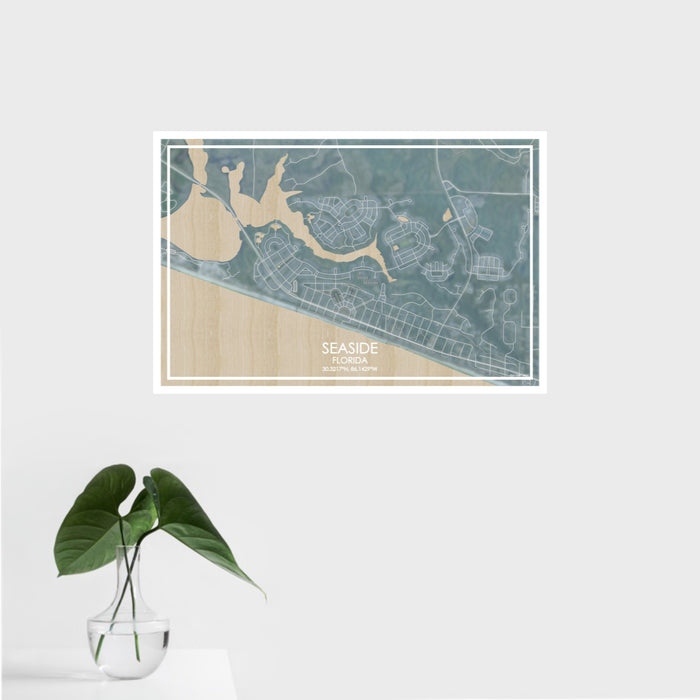 16x24 Seaside Florida Map Print Landscape Orientation in Afternoon Style With Tropical Plant Leaves in Water