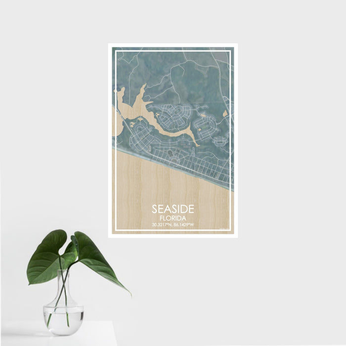 16x24 Seaside Florida Map Print Portrait Orientation in Afternoon Style With Tropical Plant Leaves in Water