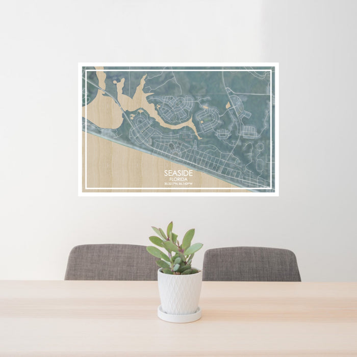 24x36 Seaside Florida Map Print Lanscape Orientation in Afternoon Style Behind 2 Chairs Table and Potted Plant