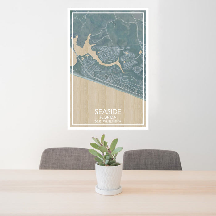 24x36 Seaside Florida Map Print Portrait Orientation in Afternoon Style Behind 2 Chairs Table and Potted Plant