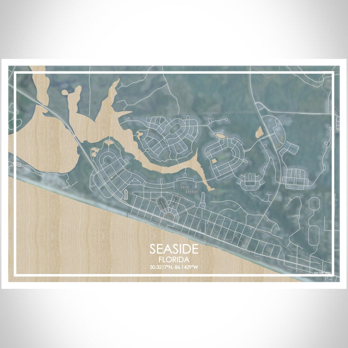 Seaside Florida Map Print Landscape Orientation in Afternoon Style With Shaded Background