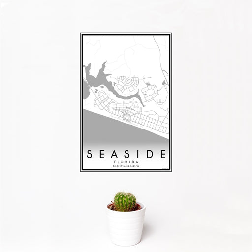 12x18 Seaside Florida Map Print Portrait Orientation in Classic Style With Small Cactus Plant in White Planter