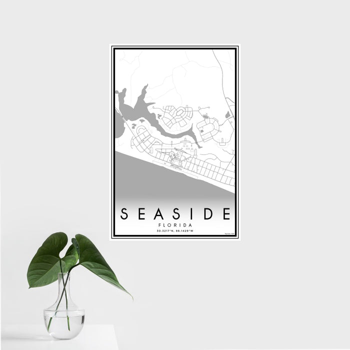 16x24 Seaside Florida Map Print Portrait Orientation in Classic Style With Tropical Plant Leaves in Water