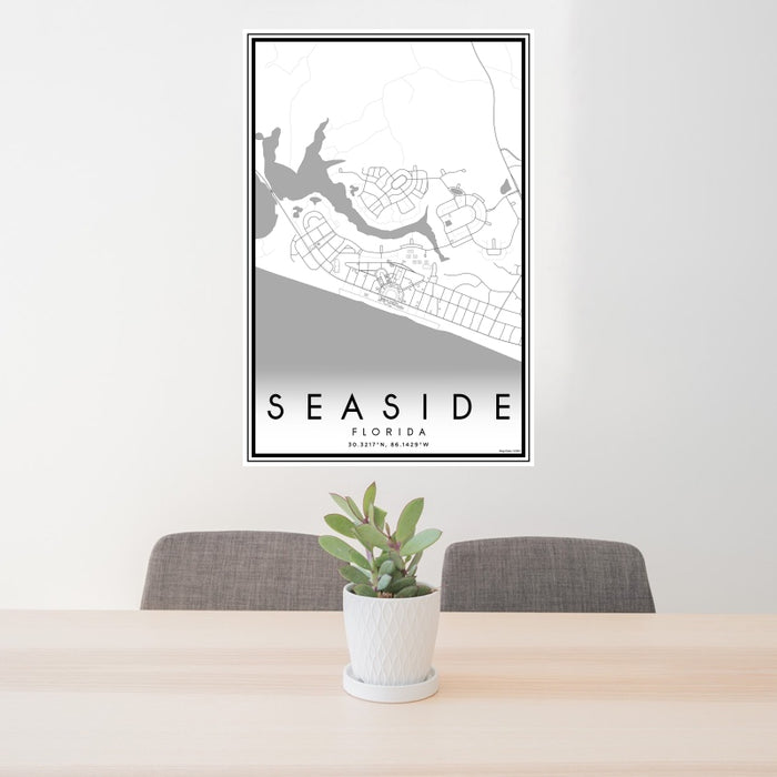 24x36 Seaside Florida Map Print Portrait Orientation in Classic Style Behind 2 Chairs Table and Potted Plant