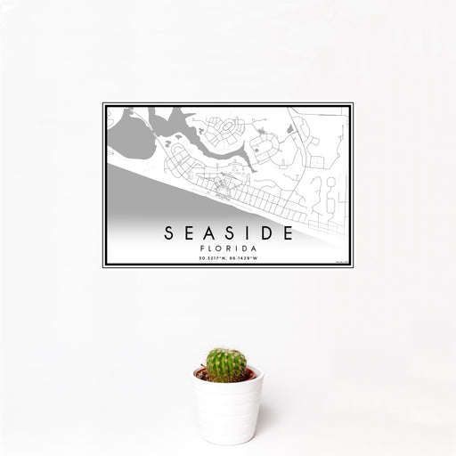 12x18 Seaside Florida Map Print Landscape Orientation in Classic Style With Small Cactus Plant in White Planter