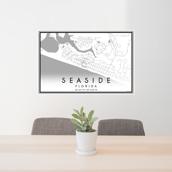 24x36 Seaside Florida Map Print Landscape Orientation in Classic Style Behind 2 Chairs Table and Potted Plant