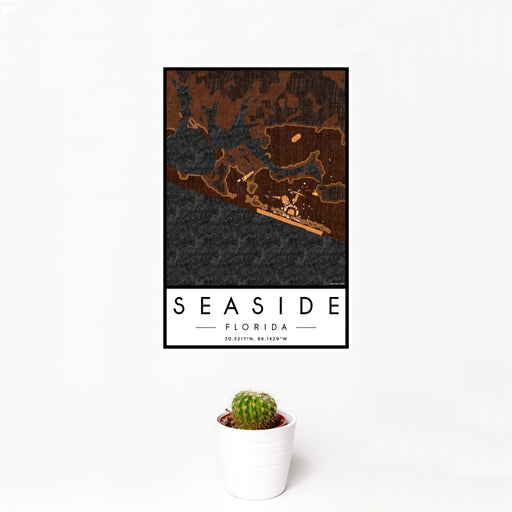 12x18 Seaside Florida Map Print Portrait Orientation in Ember Style With Small Cactus Plant in White Planter