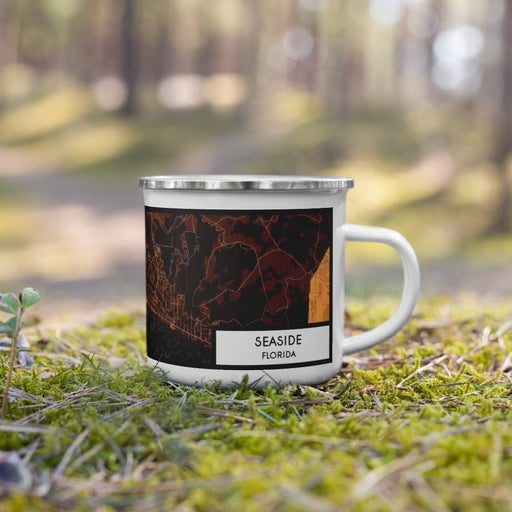 Right View Custom Seaside Florida Map Enamel Mug in Ember on Grass With Trees in Background