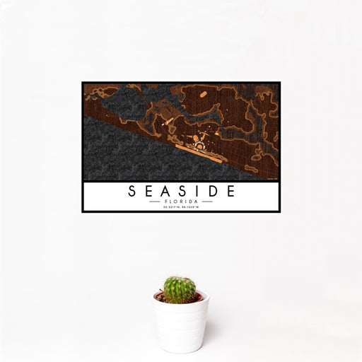 12x18 Seaside Florida Map Print Landscape Orientation in Ember Style With Small Cactus Plant in White Planter