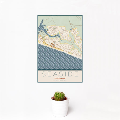 12x18 Seaside Florida Map Print Portrait Orientation in Woodblock Style With Small Cactus Plant in White Planter