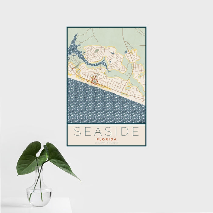 16x24 Seaside Florida Map Print Portrait Orientation in Woodblock Style With Tropical Plant Leaves in Water