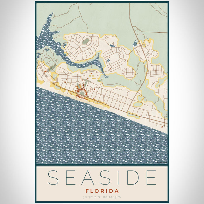Seaside Florida Map Print Portrait Orientation in Woodblock Style With Shaded Background