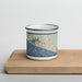 Front View Custom Seaside Florida Map Enamel Mug in Woodblock on Cutting Board