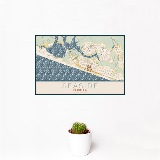 12x18 Seaside Florida Map Print Landscape Orientation in Woodblock Style With Small Cactus Plant in White Planter