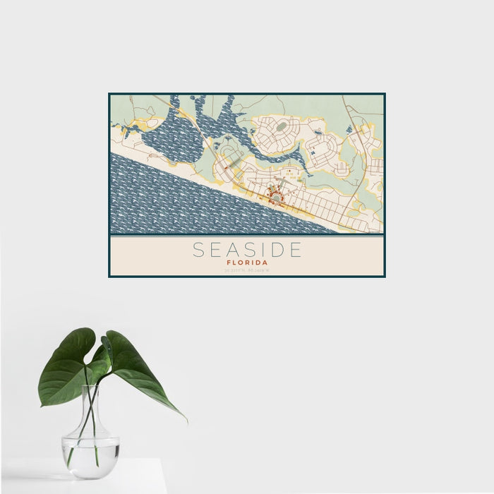 16x24 Seaside Florida Map Print Landscape Orientation in Woodblock Style With Tropical Plant Leaves in Water