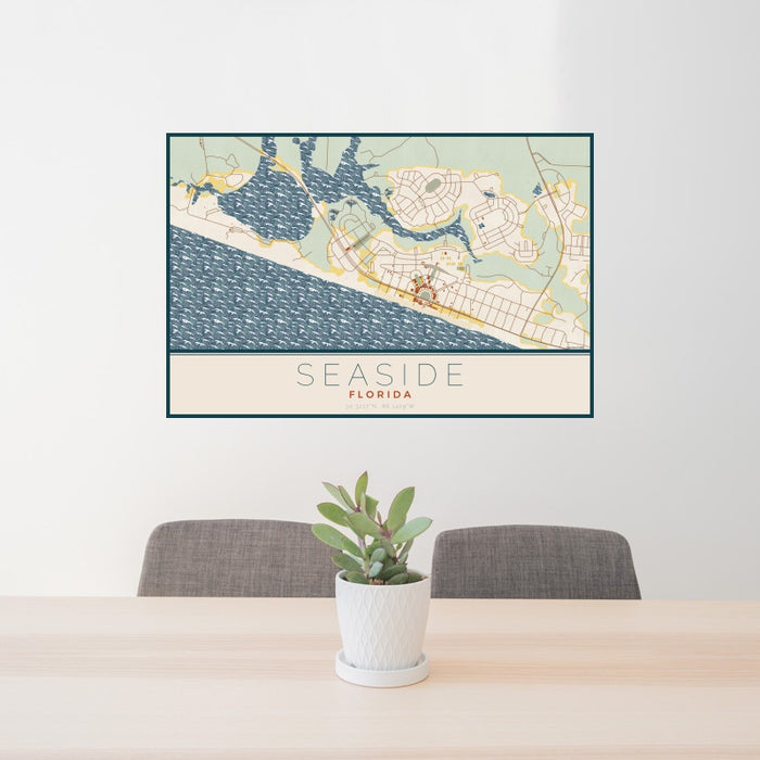 24x36 Seaside Florida Map Print Landscape Orientation in Woodblock Style Behind 2 Chairs Table and Potted Plant