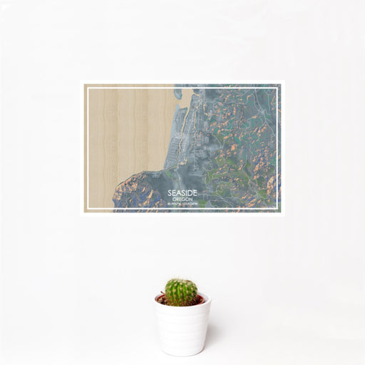 12x18 Seaside Oregon Map Print Landscape Orientation in Afternoon Style With Small Cactus Plant in White Planter