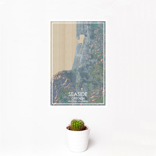 12x18 Seaside Oregon Map Print Portrait Orientation in Afternoon Style With Small Cactus Plant in White Planter