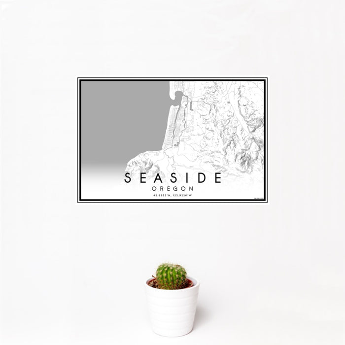 12x18 Seaside Oregon Map Print Landscape Orientation in Classic Style With Small Cactus Plant in White Planter