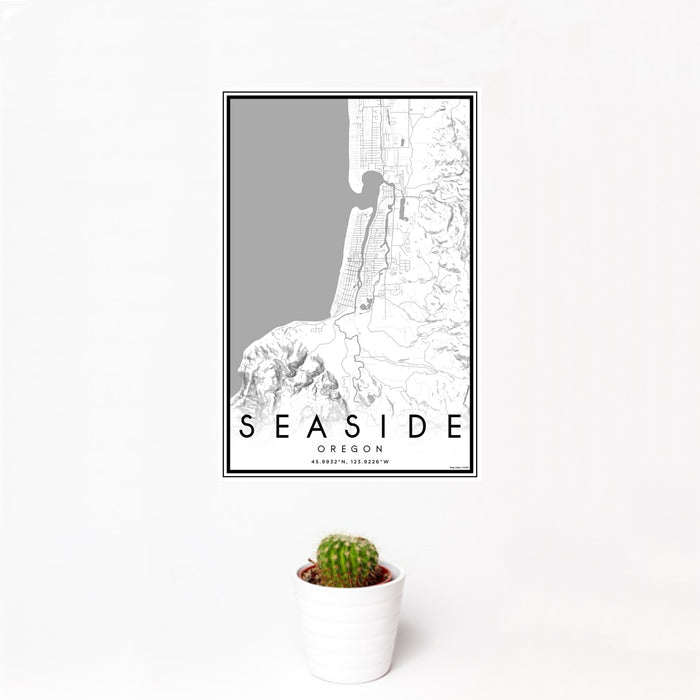 12x18 Seaside Oregon Map Print Portrait Orientation in Classic Style With Small Cactus Plant in White Planter