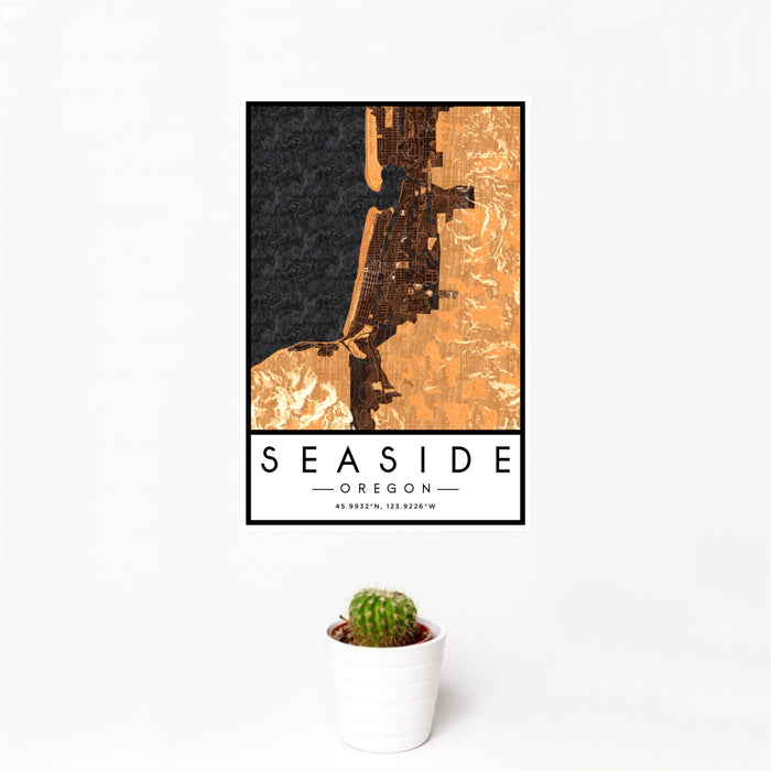 12x18 Seaside Oregon Map Print Portrait Orientation in Ember Style With Small Cactus Plant in White Planter