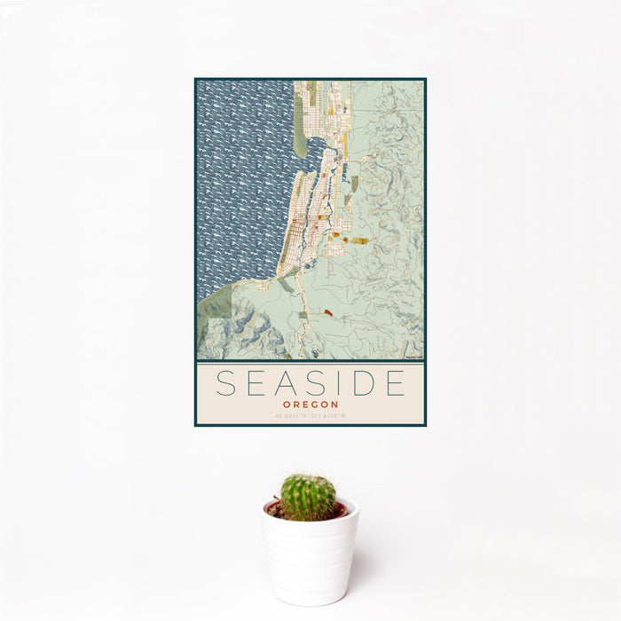 12x18 Seaside Oregon Map Print Portrait Orientation in Woodblock Style With Small Cactus Plant in White Planter