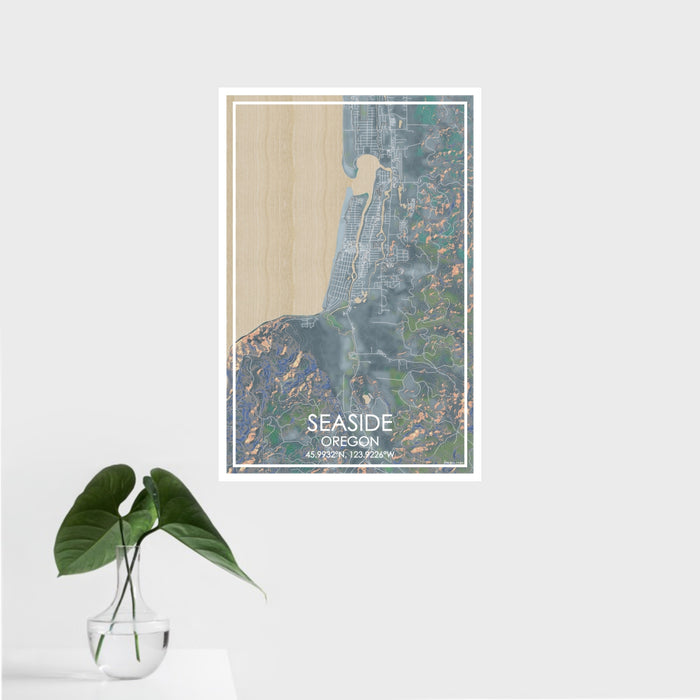 16x24 Seaside Oregon Map Print Portrait Orientation in Afternoon Style With Tropical Plant Leaves in Water