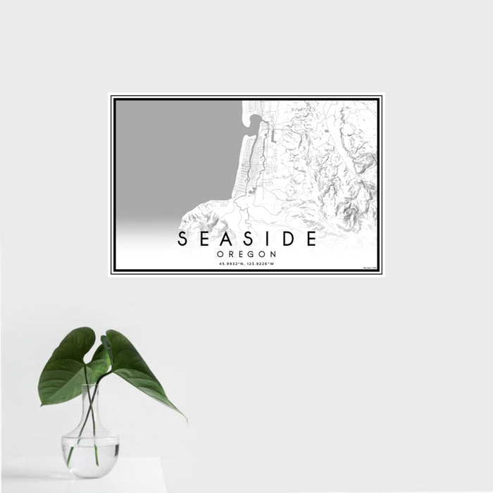 16x24 Seaside Oregon Map Print Landscape Orientation in Classic Style With Tropical Plant Leaves in Water