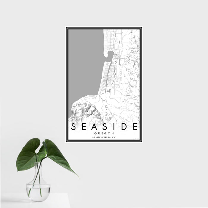 16x24 Seaside Oregon Map Print Portrait Orientation in Classic Style With Tropical Plant Leaves in Water