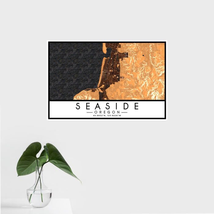 16x24 Seaside Oregon Map Print Landscape Orientation in Ember Style With Tropical Plant Leaves in Water
