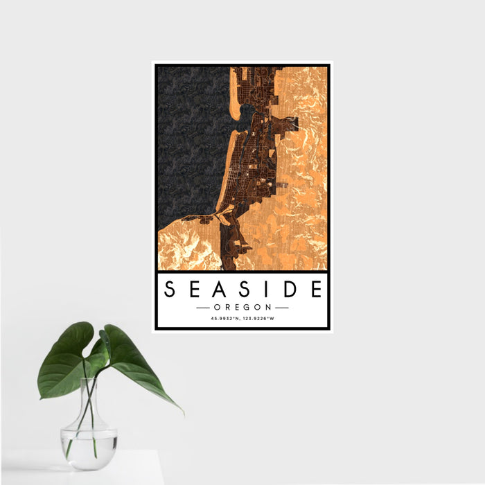 16x24 Seaside Oregon Map Print Portrait Orientation in Ember Style With Tropical Plant Leaves in Water