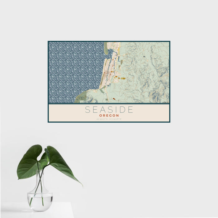 16x24 Seaside Oregon Map Print Landscape Orientation in Woodblock Style With Tropical Plant Leaves in Water