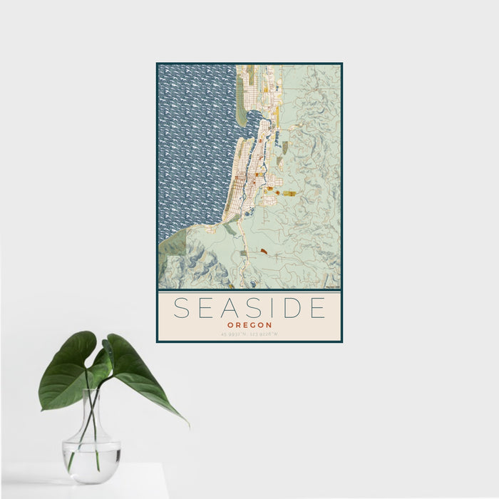 16x24 Seaside Oregon Map Print Portrait Orientation in Woodblock Style With Tropical Plant Leaves in Water