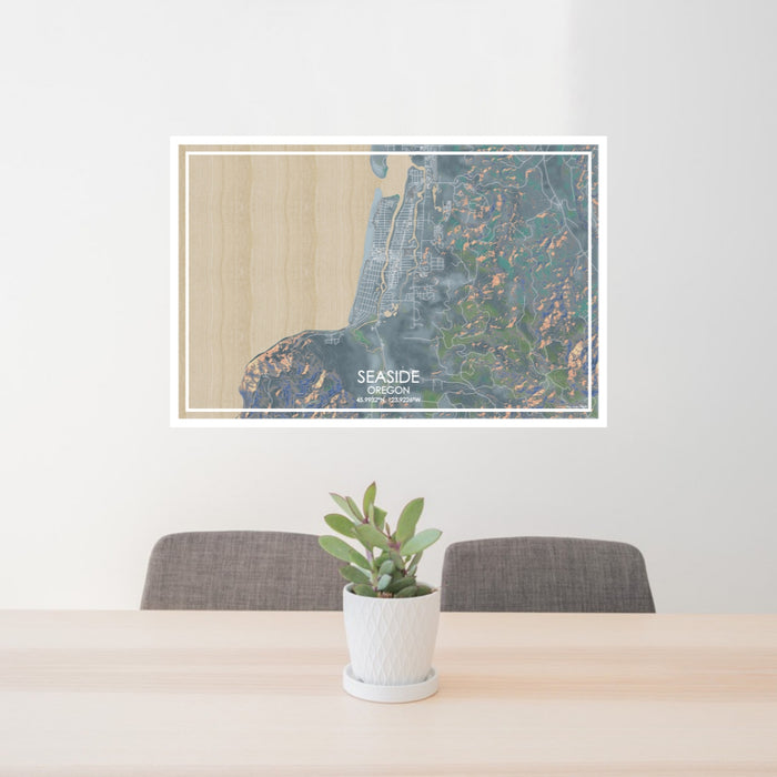 24x36 Seaside Oregon Map Print Lanscape Orientation in Afternoon Style Behind 2 Chairs Table and Potted Plant