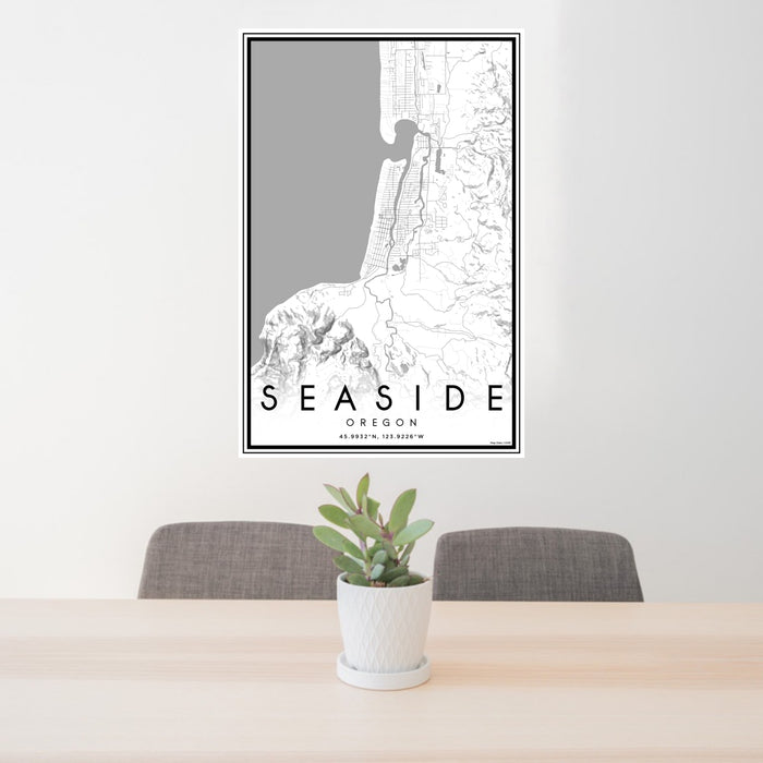 24x36 Seaside Oregon Map Print Portrait Orientation in Classic Style Behind 2 Chairs Table and Potted Plant