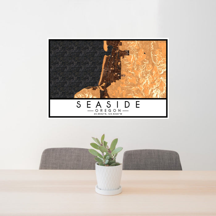 24x36 Seaside Oregon Map Print Lanscape Orientation in Ember Style Behind 2 Chairs Table and Potted Plant