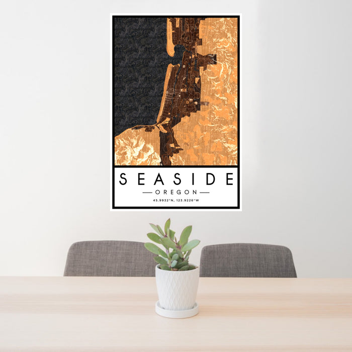 24x36 Seaside Oregon Map Print Portrait Orientation in Ember Style Behind 2 Chairs Table and Potted Plant