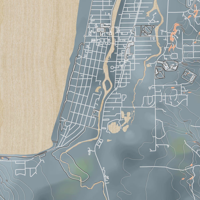 Seaside Oregon Map Print in Afternoon Style Zoomed In Close Up Showing Details