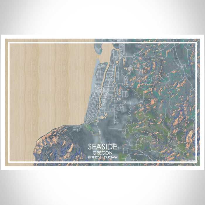 Seaside Oregon Map Print Landscape Orientation in Afternoon Style With Shaded Background