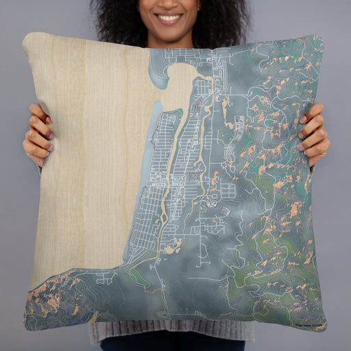 Person holding 22x22 Custom Seaside Oregon Map Throw Pillow in Afternoon