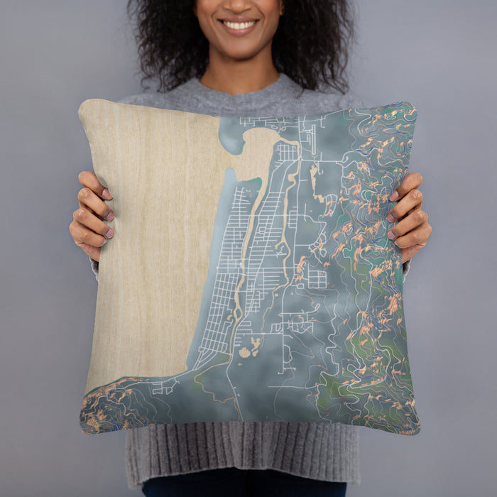 Person holding 18x18 Custom Seaside Oregon Map Throw Pillow in Afternoon