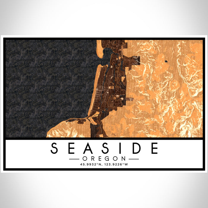 Seaside Oregon Map Print Landscape Orientation in Ember Style With Shaded Background
