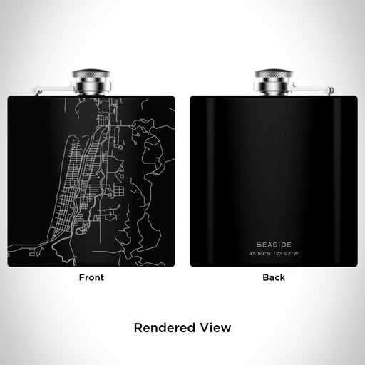 Rendered View of Seaside Oregon Map Engraving on 6oz Stainless Steel Flask in Black