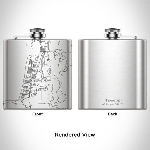 Rendered View of Seaside Oregon Map Engraving on 6oz Stainless Steel Flask
