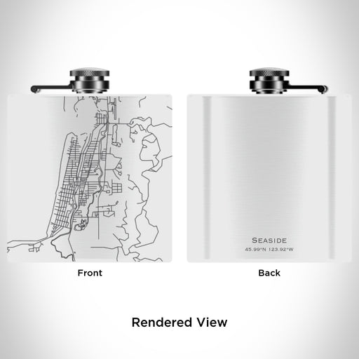 Rendered View of Seaside Oregon Map Engraving on 6oz Stainless Steel Flask in White