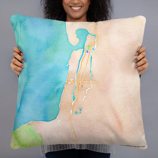 Person holding 22x22 Custom Seaside Oregon Map Throw Pillow in Watercolor