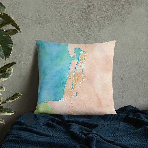 Custom Seaside Oregon Map Throw Pillow in Watercolor on Bedding Against Wall