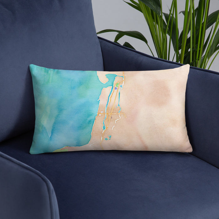 Custom Seaside Oregon Map Throw Pillow in Watercolor on Blue Colored Chair