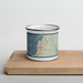 Front View Custom Seaside Oregon Map Enamel Mug in Woodblock on Cutting Board