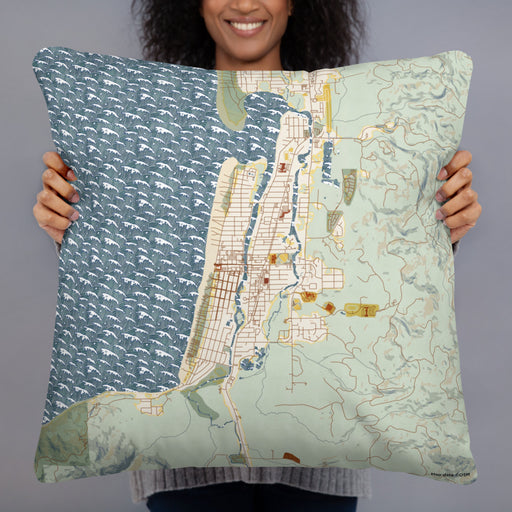 Person holding 22x22 Custom Seaside Oregon Map Throw Pillow in Woodblock